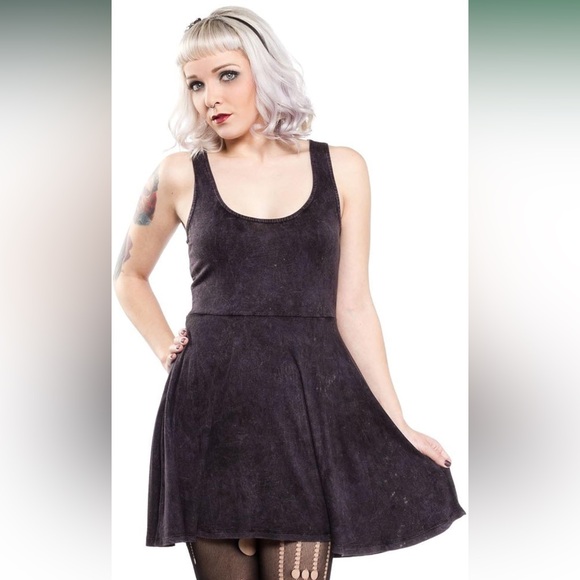 SOURPUSS Mineral Snow Washed Black Skater Dress cottage-core SMALL / MEDIUM EUC - Picture 1 of 13